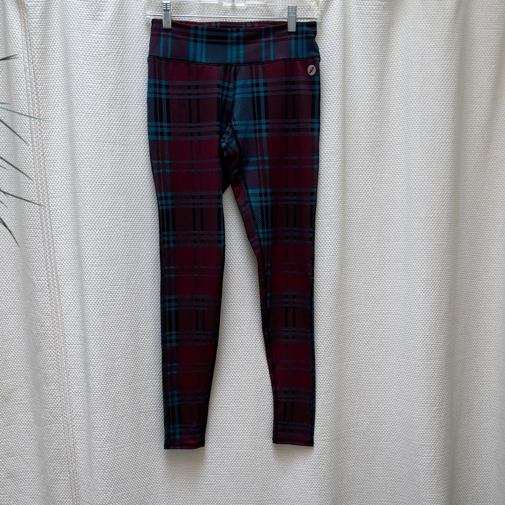 Stylish Plaid Tartan Leggings in Burgundy and Teal